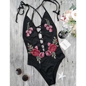 NWOT Floral patch backless one piece